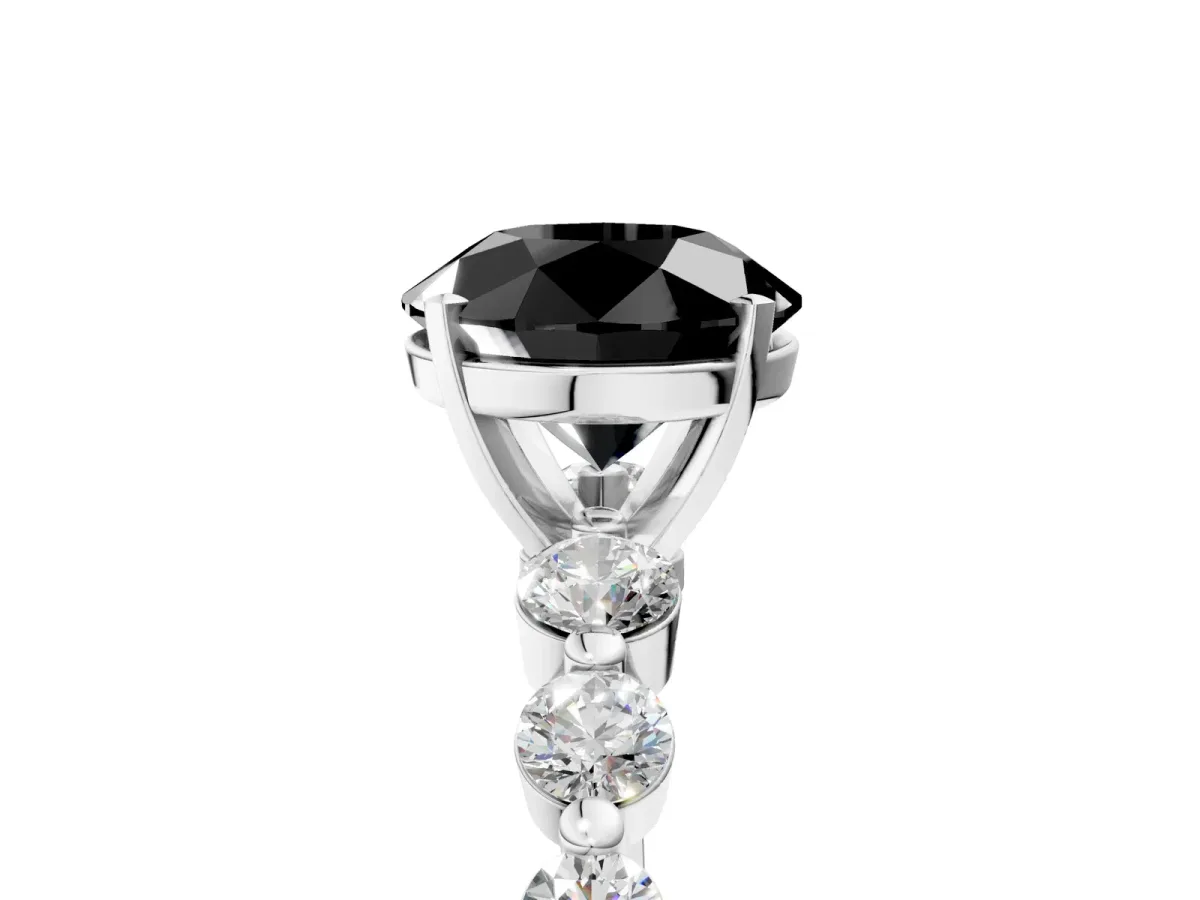 Fancy Black Round Cut Solitaire Diamond Ring with Pave Band and Four-Prong Setting Silver