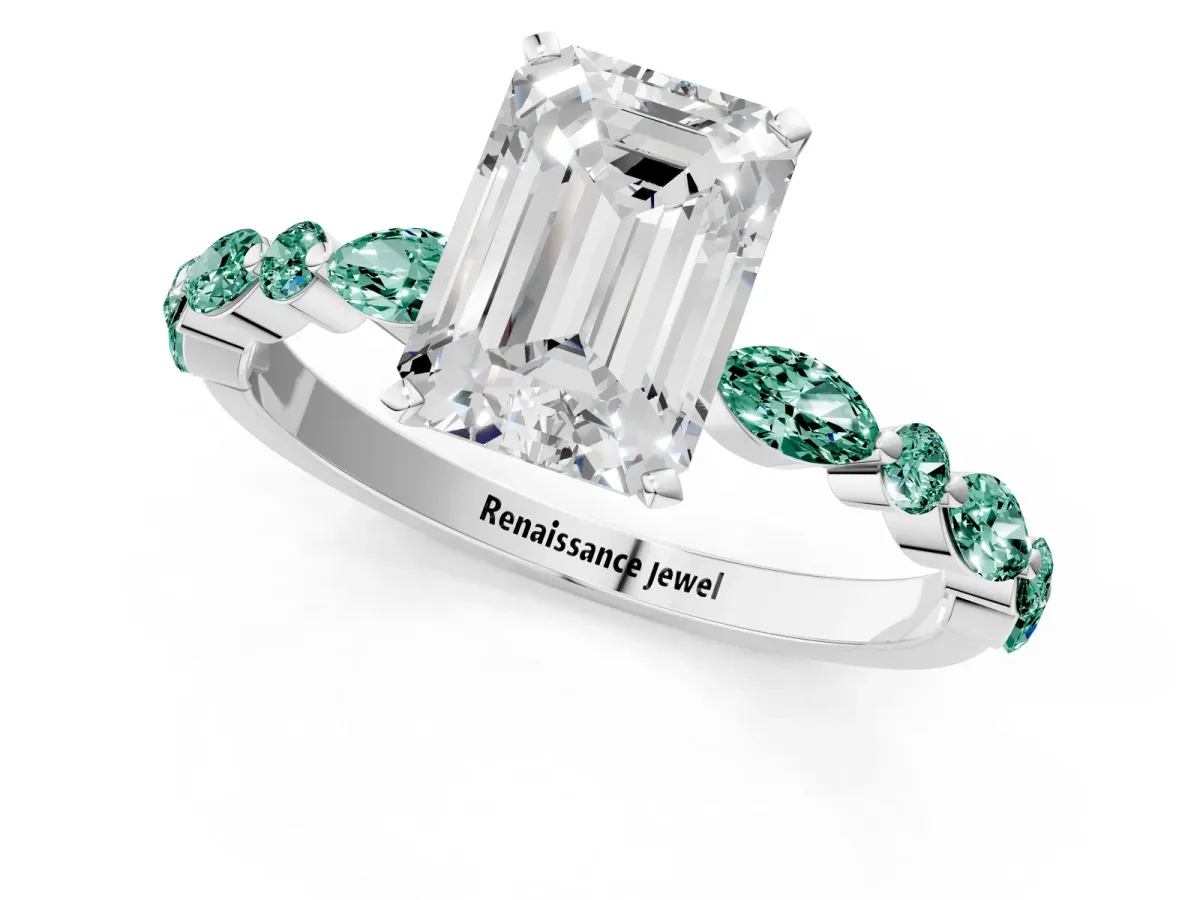 Emerald Cut Diamond Ring with Marquise and Round Green Sapphire Side Stones and Four-Prong Setting White gold