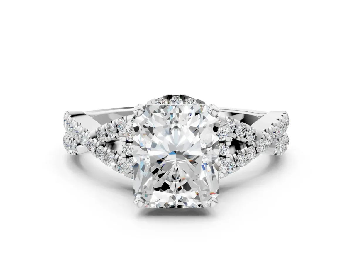 Radiant Cut Diamond Moissanite Halo Twist Band Solitaire Prong Setting Ring White gold