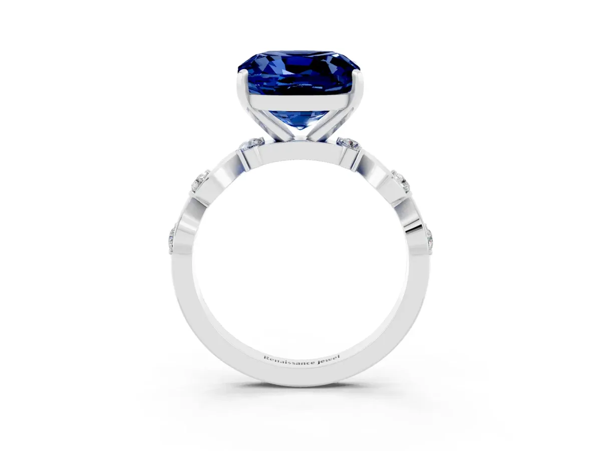 Cushion Cut Blue Sapphire Solitaire Twisted Band with Round Accents and Prong Setting White gold