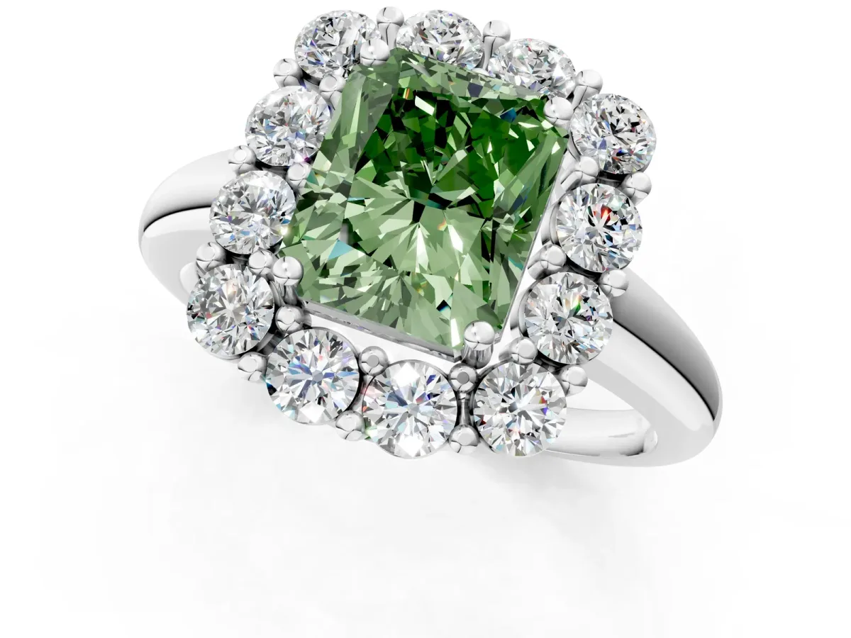 Fancy Green Radiant Cut Halo Cluster Diamond Engagement Ring with Prong Setting and Polished Band Platinum