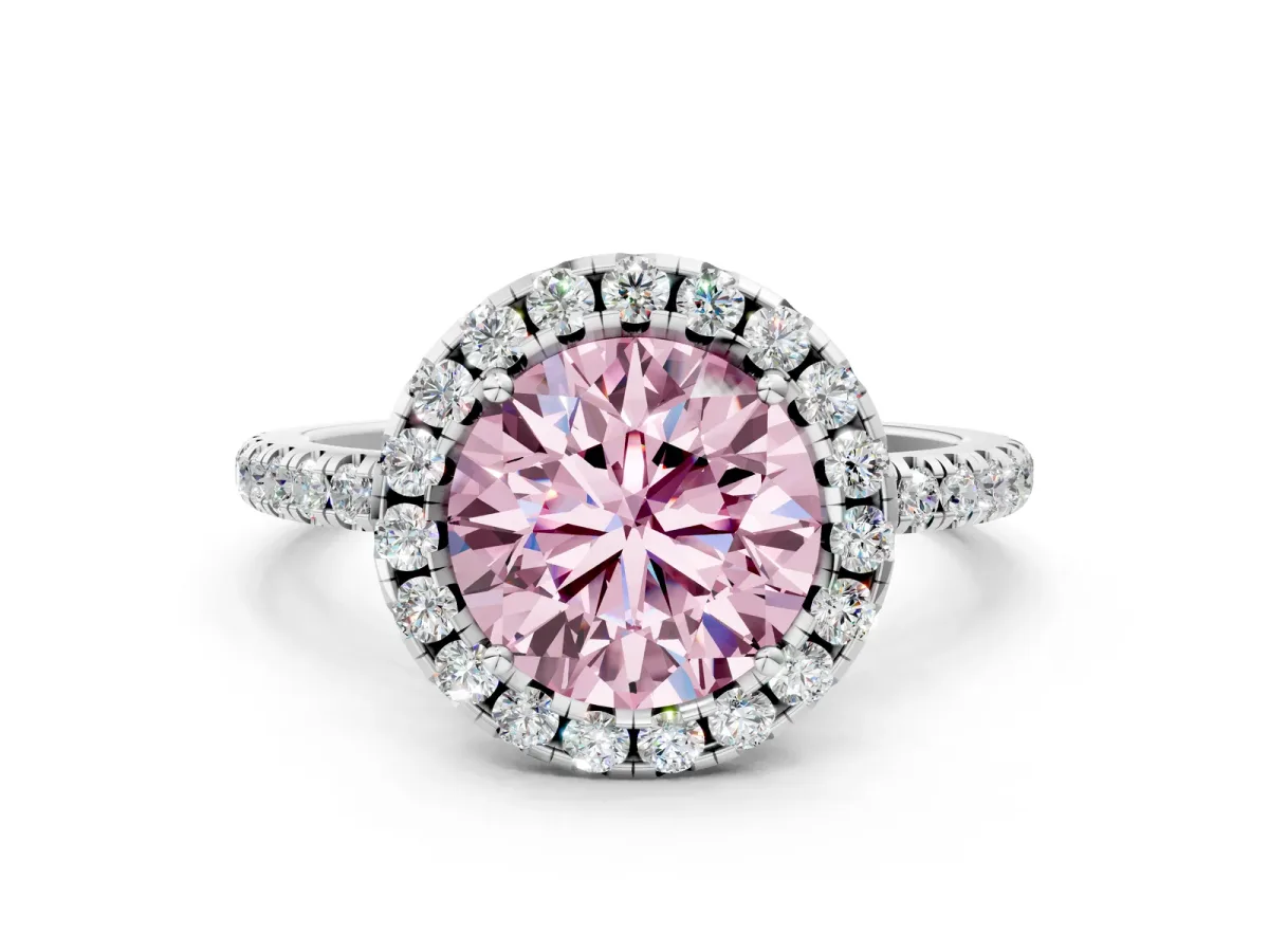Fancy Pink Round Cut Diamond Halo Ring with Round Pavé Band and Prong Setting Platinum