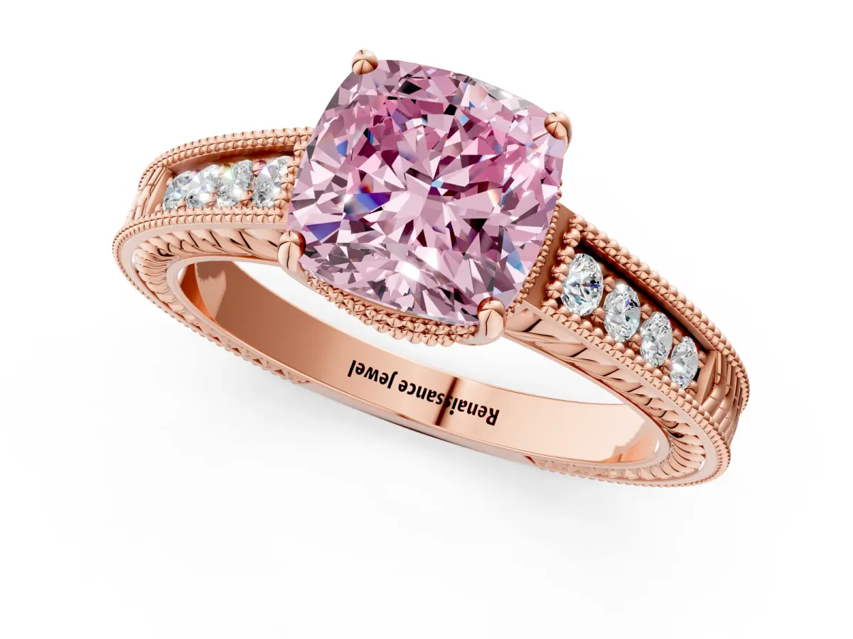 Fancy Pink Cushion Cut Diamond Engagement Ring with Milgrain Channel Set Band and Prong Setting Rose gold