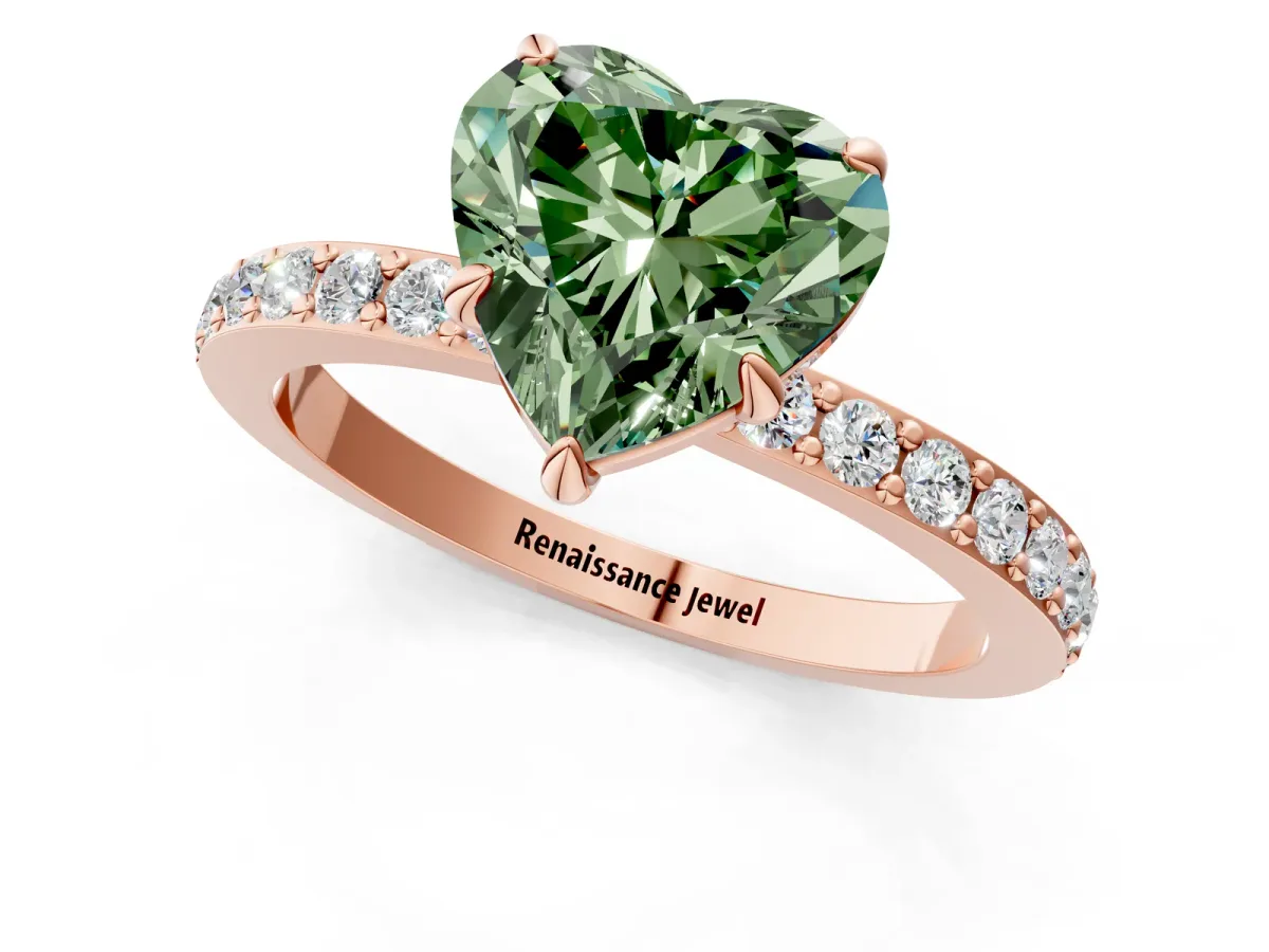 Fancy Green Heart Cut Diamond Solitaire Engagement Ring with Pavé Band and Four-Prong Setting Rose gold