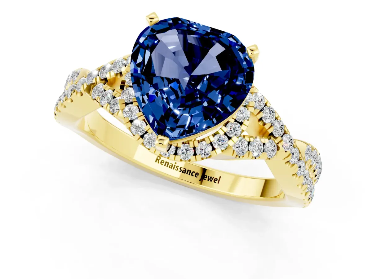 Heart Cut Blue Sapphire Halo Twist Band Solitaire Prong Setting Ring Yellow gold