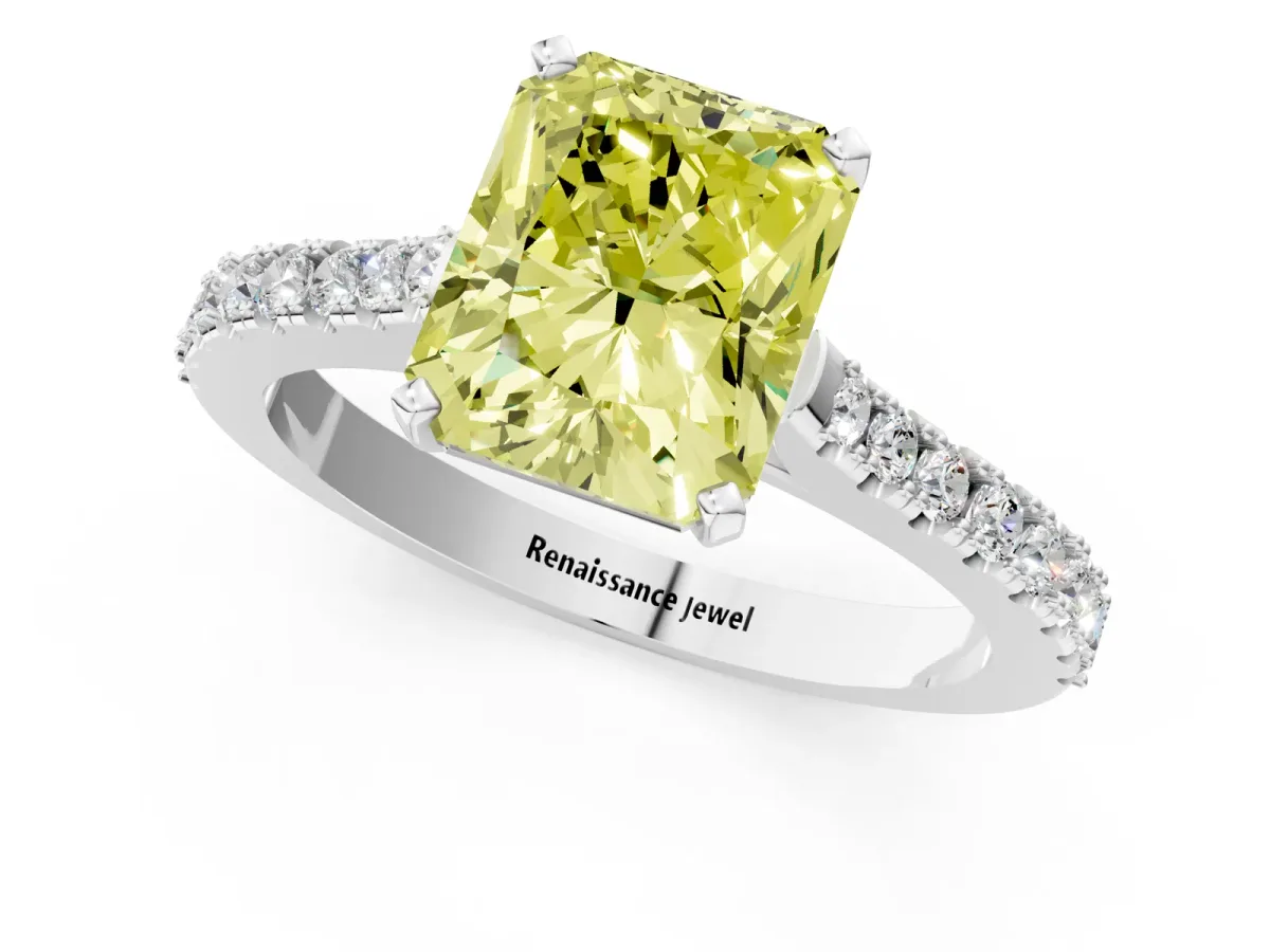 Fancy Yellow Radiant Cut Cut Solitaire Diamond Engagement Ring with Pave Band and Four-Prong Setting White gold
