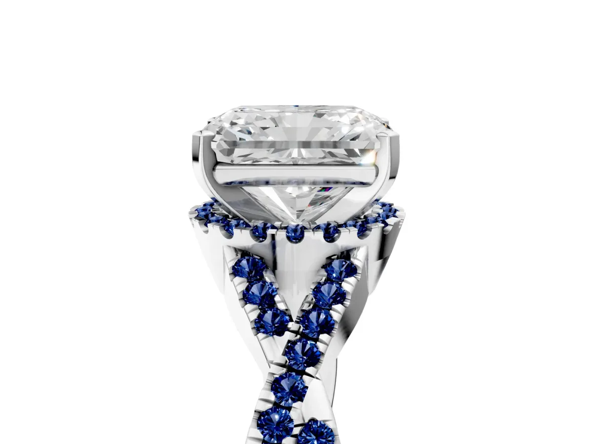 Radiant Cut Diamond Blue Sapphire Halo Twist Band Solitaire Prong Setting Ring White gold