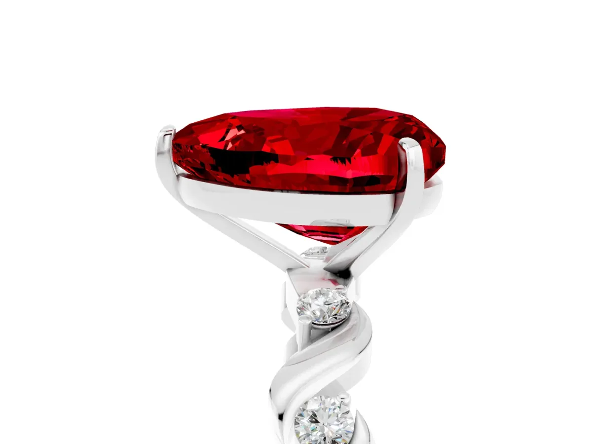 Heart Cut Ruby Solitaire Twisted Band with Round Accents and Prong Setting Silver