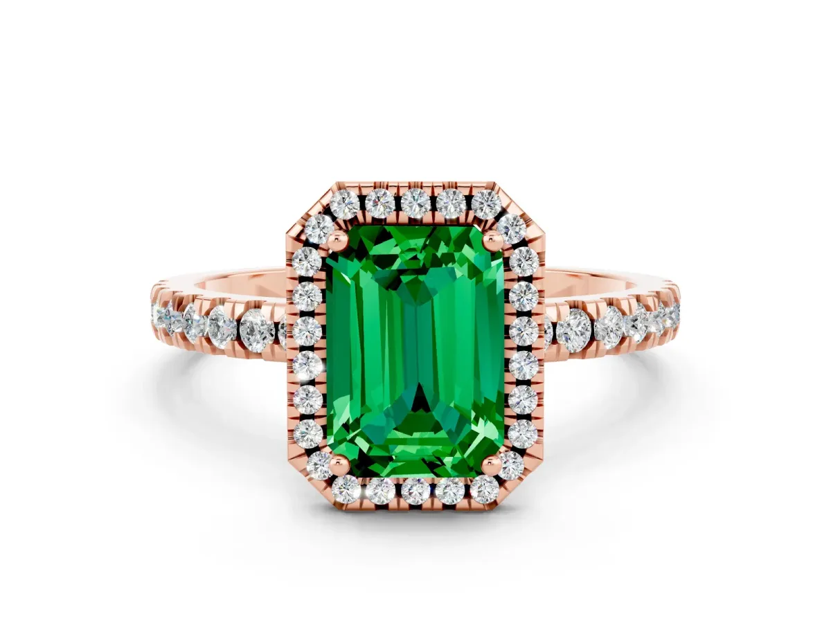 Emerald Cut Emerald Classic Halo Engagement Ring with Round Pavé Band and Prong Setting Rose gold