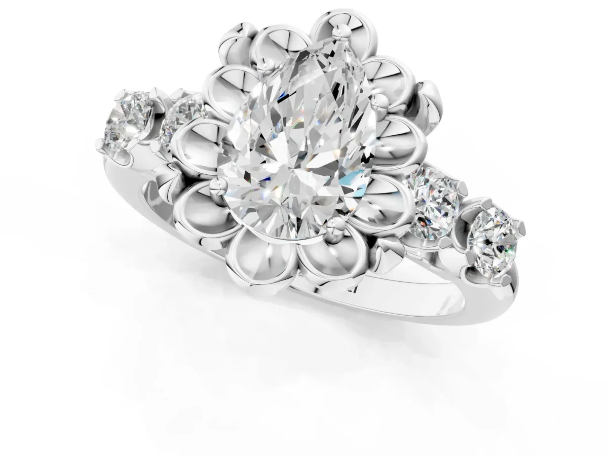Pear Cut Cut Diamond Floral Halo Engagement Ring with Shared Prong Setting White gold