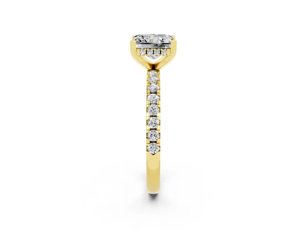 Princess Cut Moissanite Solitaire Ring with Round Pavé Band and Four-Prong Setting Yellow gold