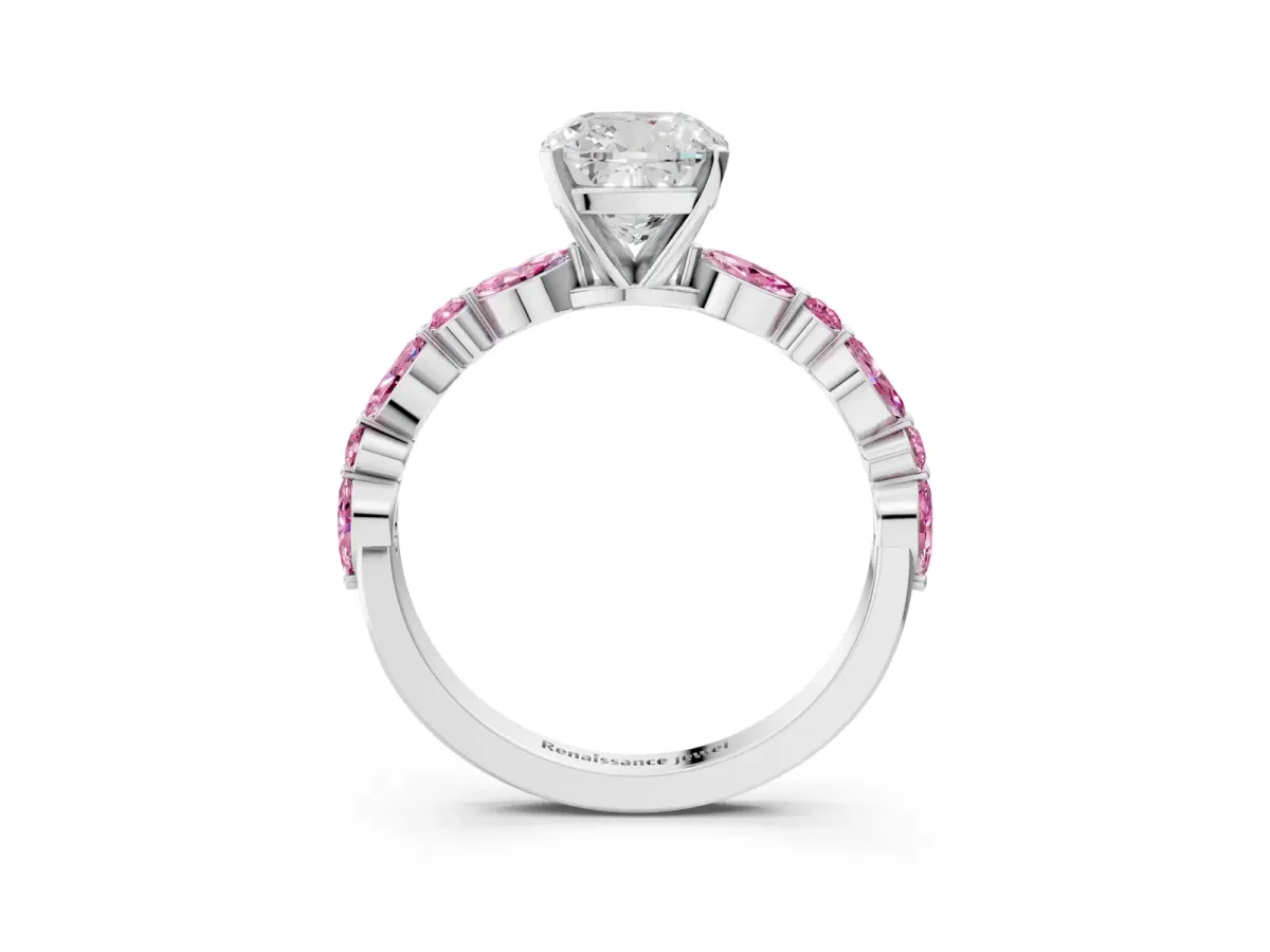 Cushion Cut Diamond Ring with Marquise and Round Pink Sapphire Side Stones and Four-Prong Setting Platinum
