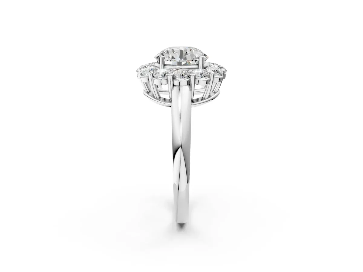 Round Cut Halo Cluster Diamond Engagement Ring with Prong Setting and Polished Band White gold