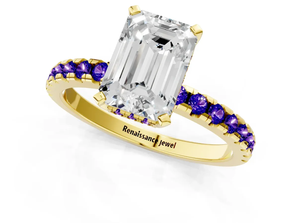 Emerald Cut Diamond Solitaire Ring with Round Tanzanite Pavé Band and Four-Prong Setting Yellow gold