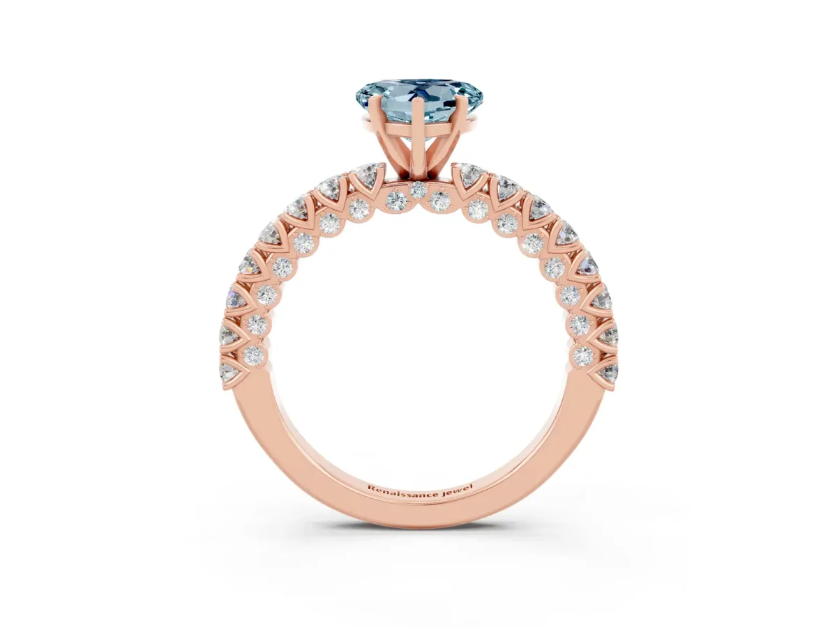 Heart Cut Aquamarine Solitaire Ring with Round Accent Pavé Band and Prong Setting Rose gold