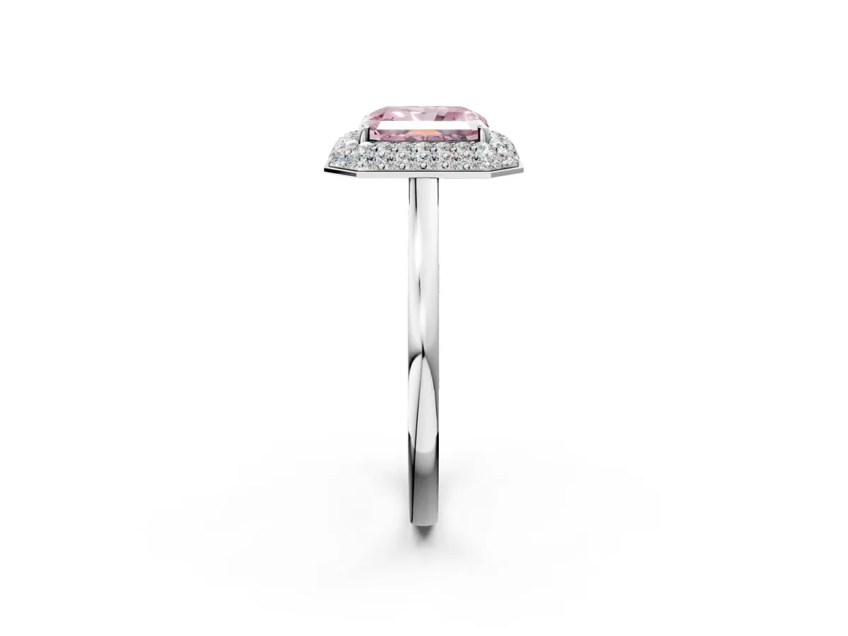 Fancy Pink Radiant Cut Halo Diamond Engagement Ring with Solitaire Band and Four-Prong Setting Platinum