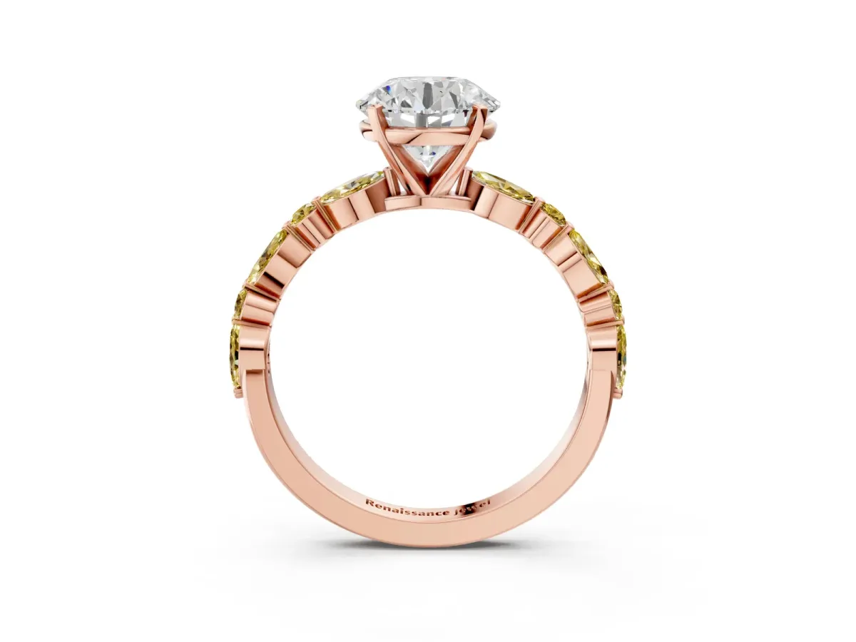 Round Cut Diamond Ring with Marquise and Round Yellow Sapphire Side Stones and Four-Prong Setting Rose gold