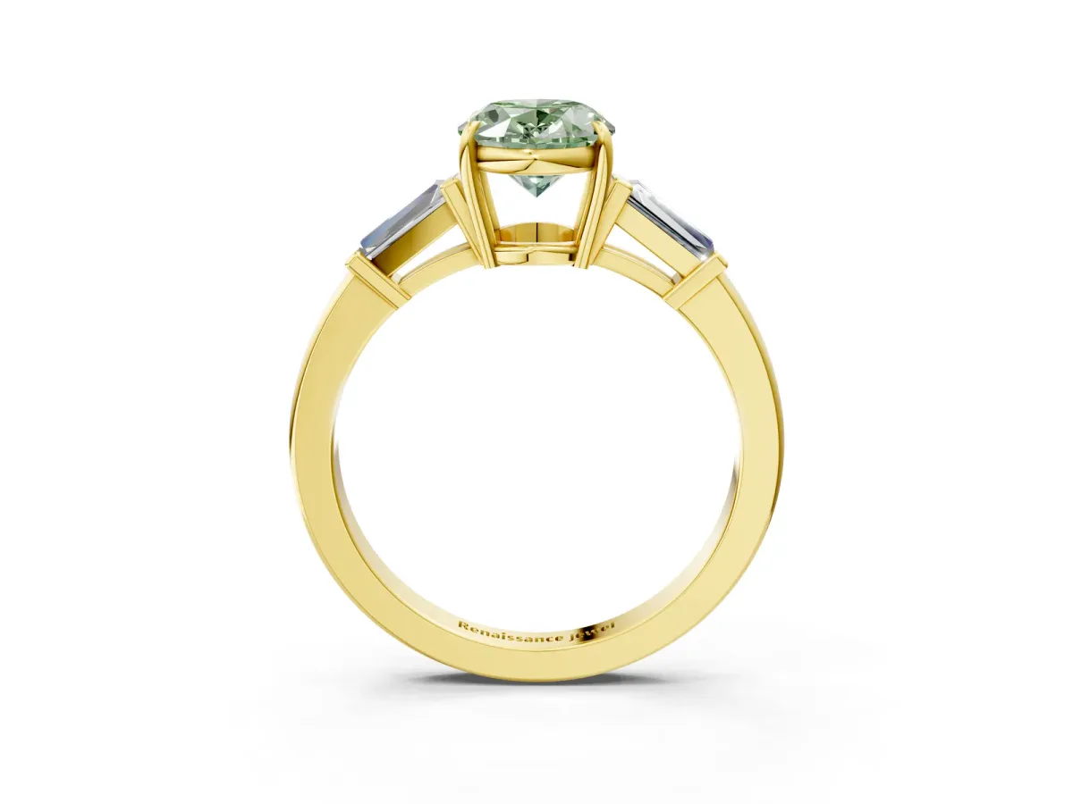 Fancy Green Oval Cut Diamond Three-Stone Ring with Tapered Baguette Side Stones and Prong Setting Yellow gold
