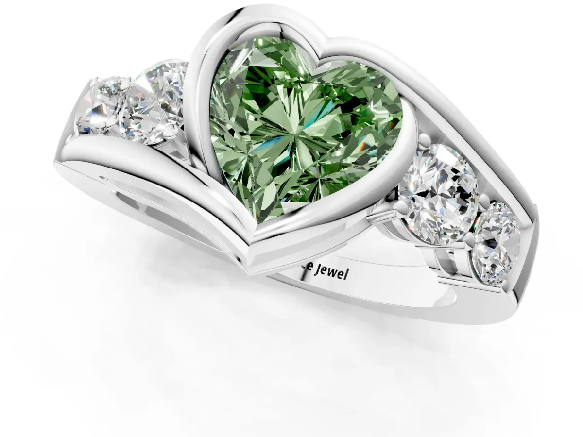 Fancy Green Bezel Set Heart Cut Diamond Bypass Ring with Round Accents Platinum