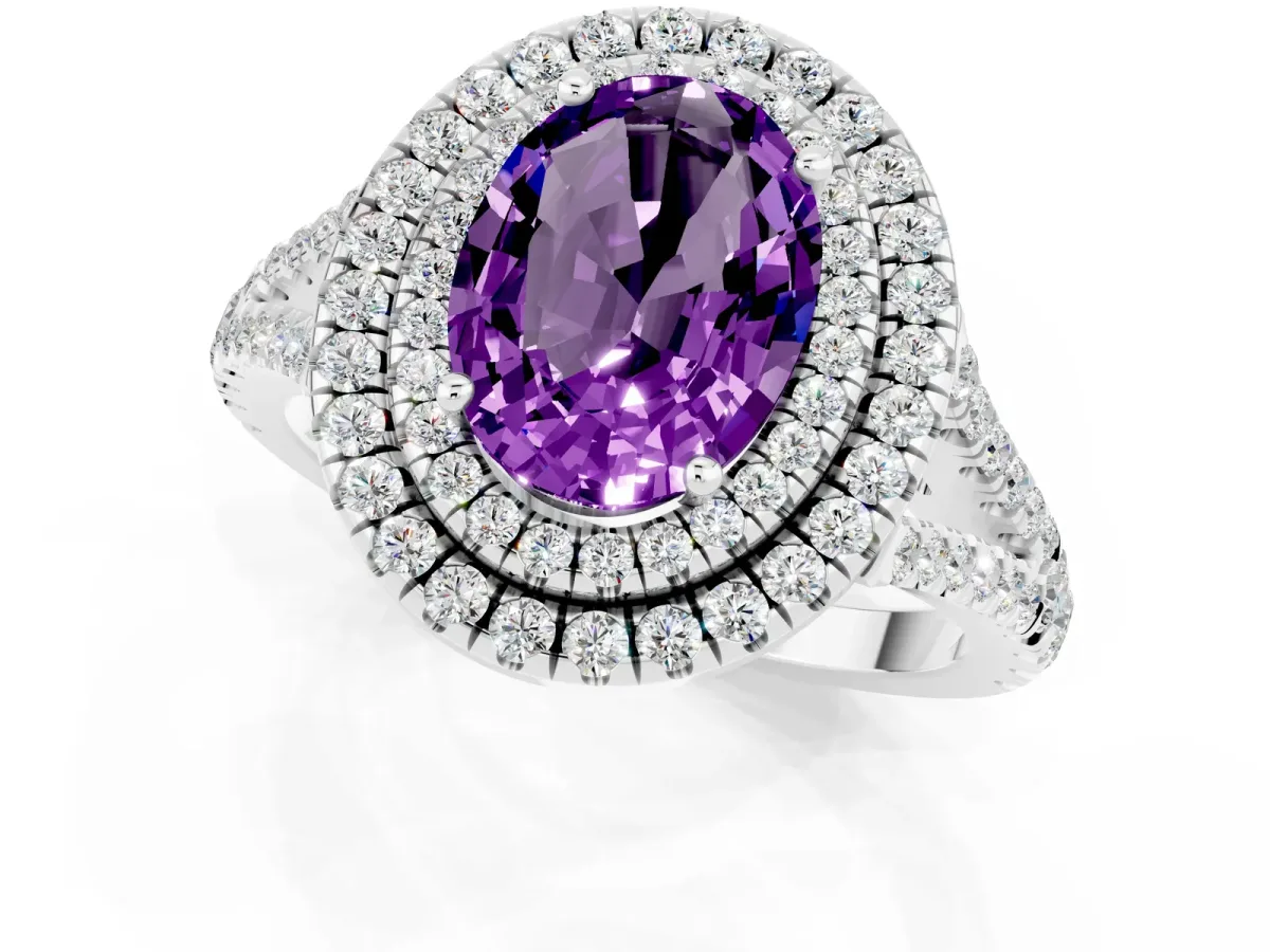 Oval Cut Amethyst Double Halo Ring with Pavé Band and Prong Setting Silver