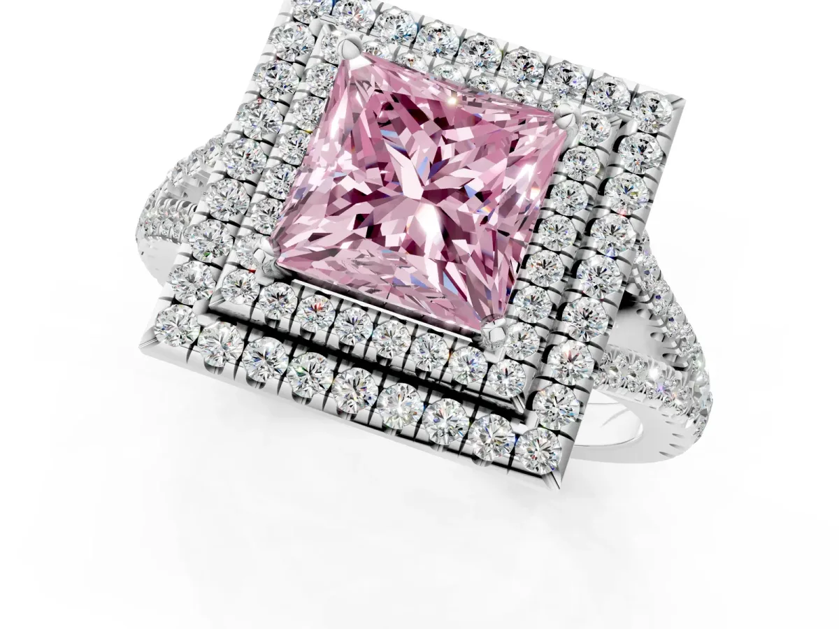 Fancy Pink Princess Cut Diamond Double Halo Ring with Pavé Band and Prong Setting White gold
