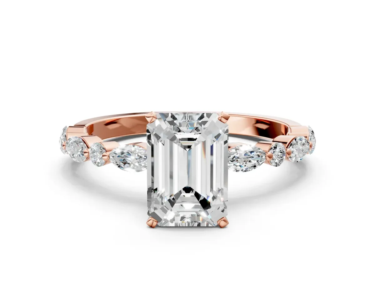 Emerald Cut Diamond Ring with Marquise and Round Moissanite Side Stones and Four-Prong Setting Rose gold