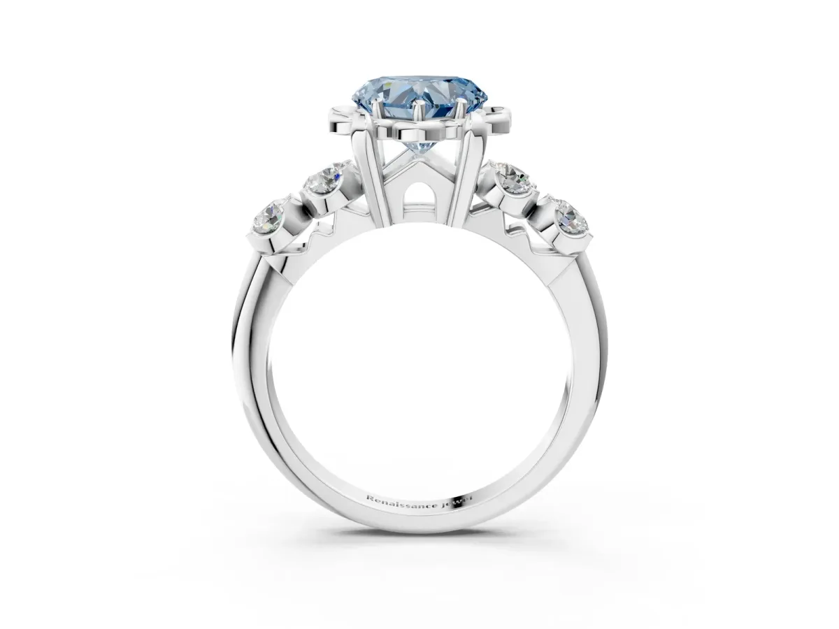 Fancy Blue Heart Cut Cut Diamond Floral Halo Engagement Ring with Shared Prong Setting Silver