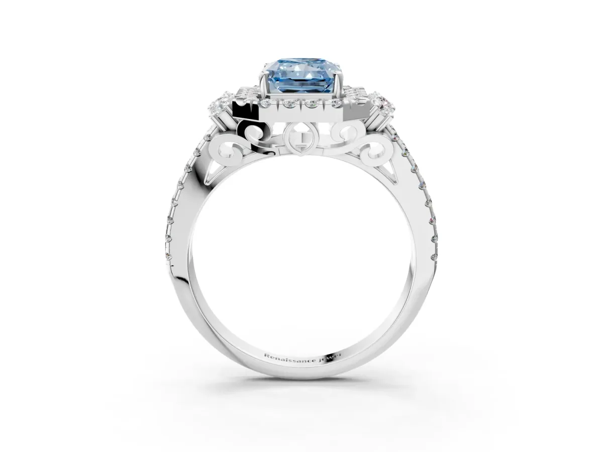 Fancy Blue Radiant Cut Cut Double Halo Diamond Engagement Ring with Pave Band and Four-Prong Setting Platinum