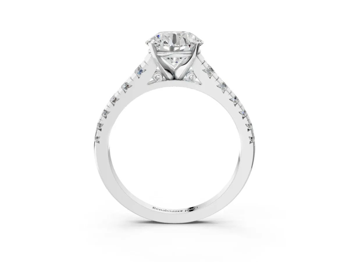 Round Cut Diamond Cathedral Solitaire Ring with Round Pavé Band White gold
