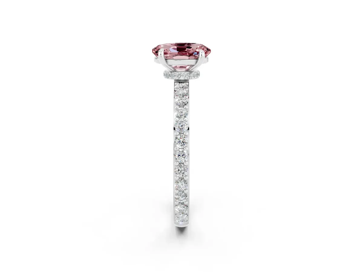 Oval Cut Morganite Solitaire Engagement Ring with Pavé Band and Four-Prong Setting Silver