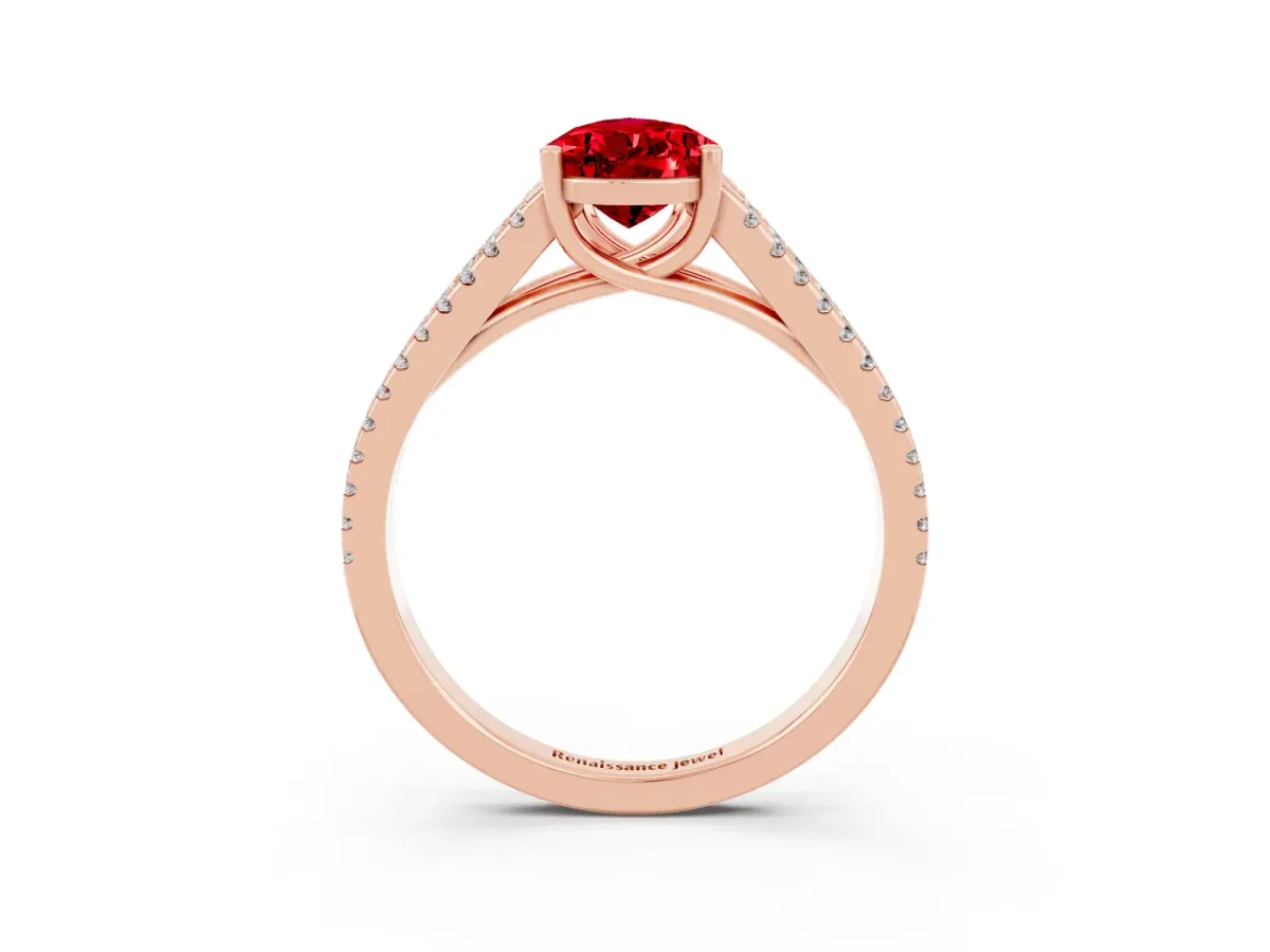 Pear Cut Ruby Solitaire Engagement Ring with Split Shank Pavé Band Rose gold