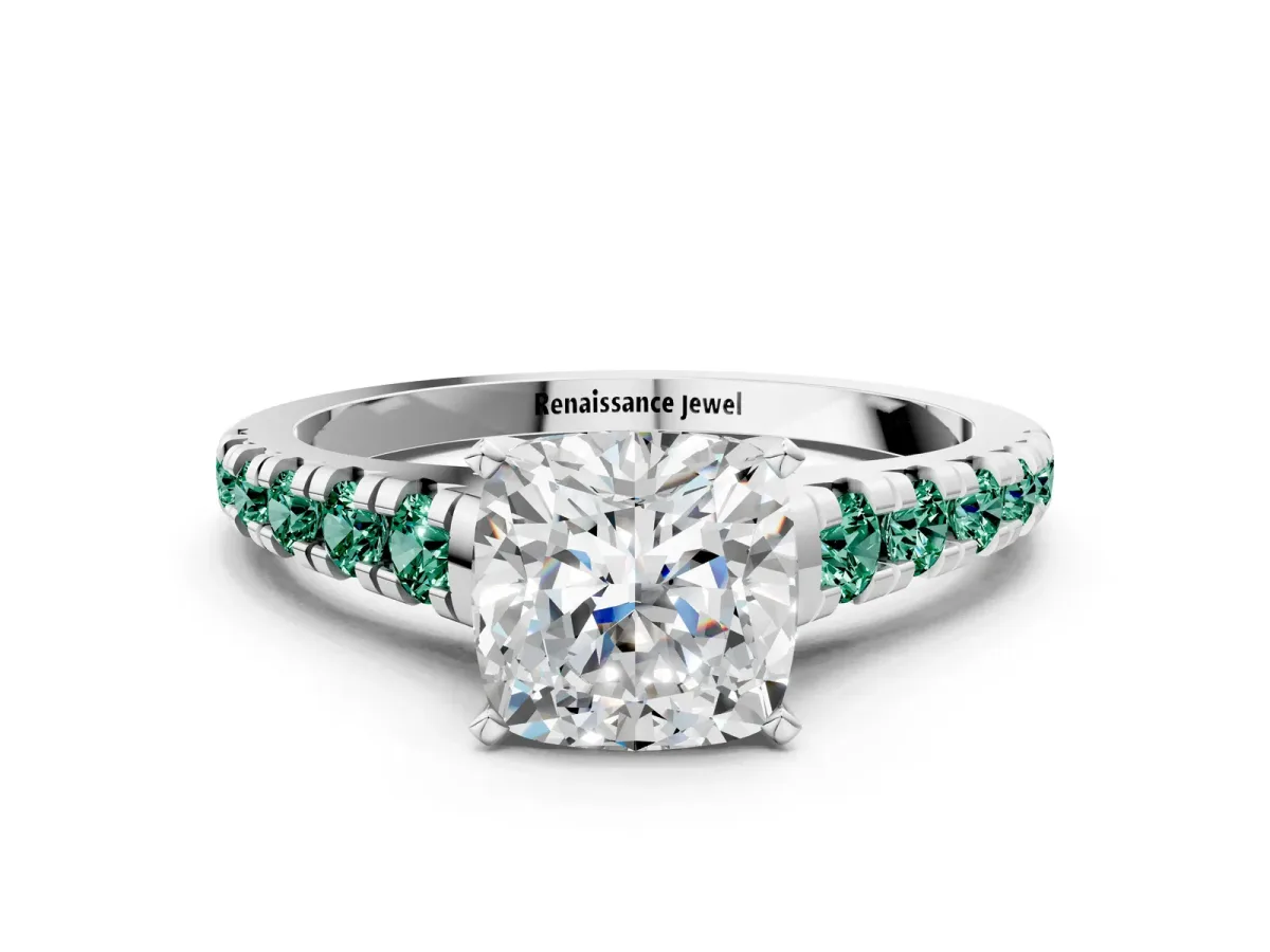 Cushion Cut Diamond Cathedral Solitaire Ring with Round Green Sapphire Pavé Band White gold