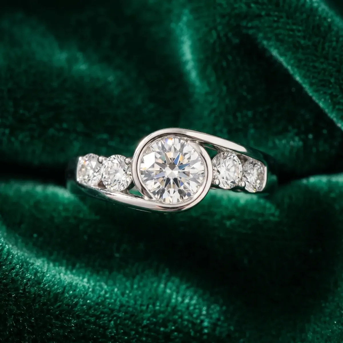 Bezel Set Round Cut Diamond Bypass Ring with Round Accents Silver