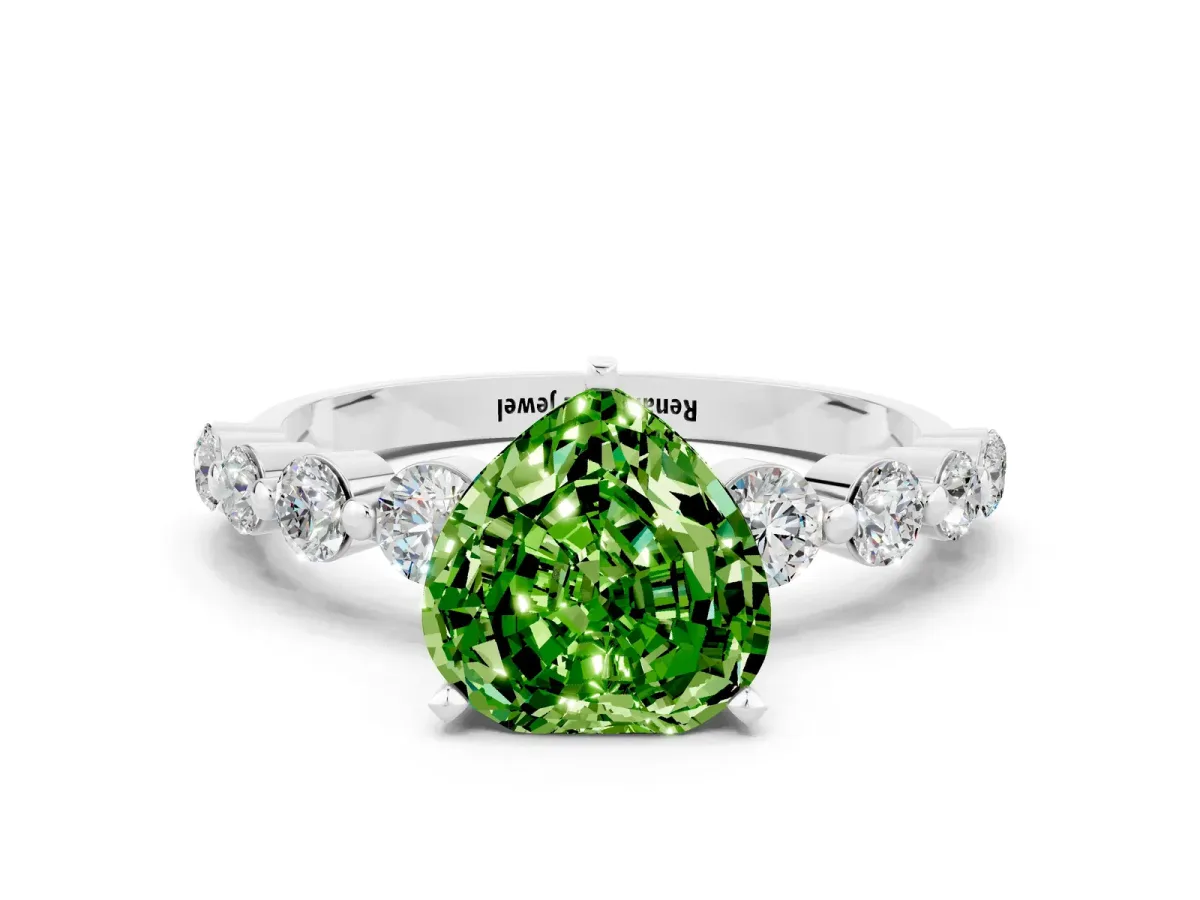 Heart Cut Solitaire Peridot Ring with Pave Band and Four-Prong Setting Platinum