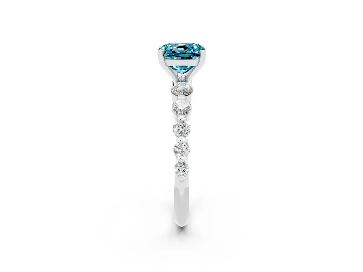 Cushion Cut Solitaire Blue Topaz Ring with Pave Band and Four-Prong Setting Silver