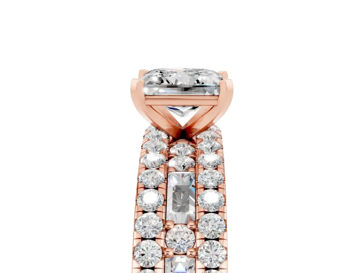Princess Cut Moissanite Solitaire Ring with Pavé and Channel Set Band Rose gold