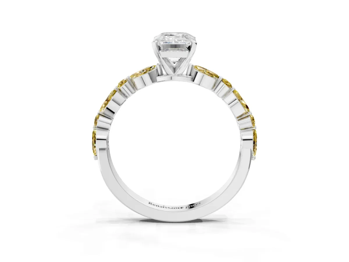 Emerald Cut Diamond Ring with Marquise and Round Yellow Sapphire Side Stones and Four-Prong Setting White gold