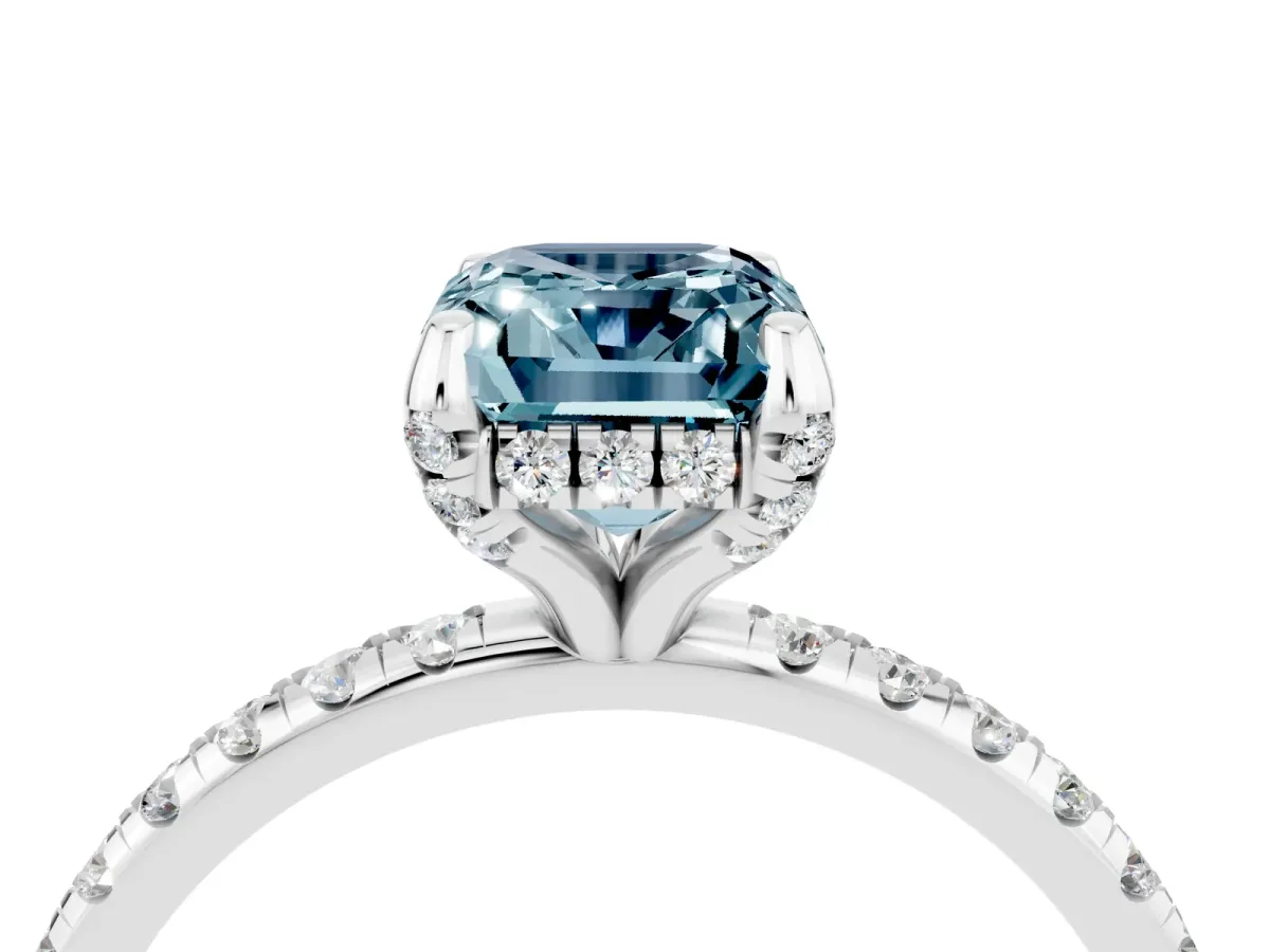 Emerald Cut Aquamarine Hidden Halo Engagement Ring with Round Pavé Band and Prong Setting Silver