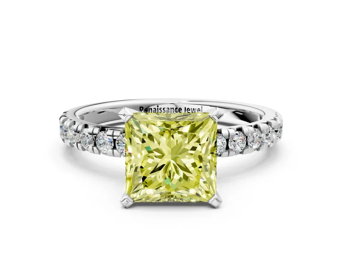 Fancy Yellow Princess Cut Diamond Solitaire Pavé Engagement Ring with Round Band and Prong Setting White gold