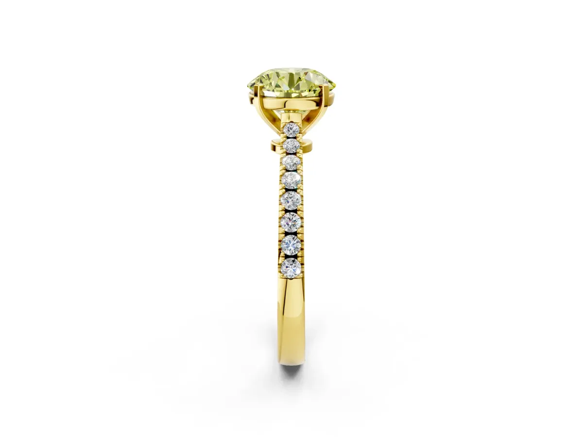 Fancy Yellow Round Cut Cut Solitaire Diamond Engagement Ring with Pave Band and Four-Prong Setting Yellow gold
