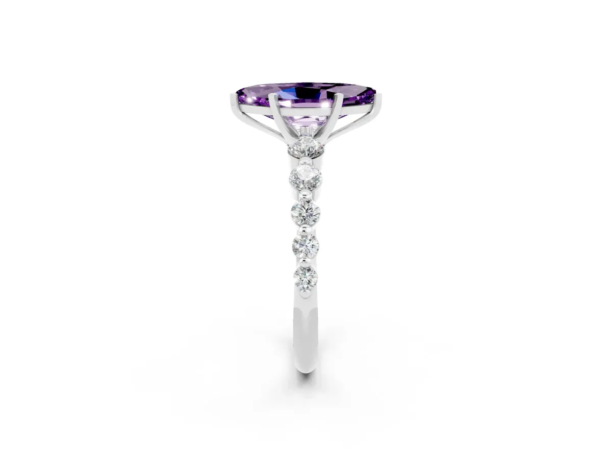 Marquise Cut Solitaire Amethyst Ring with Pave Band and Four-Prong Setting Silver