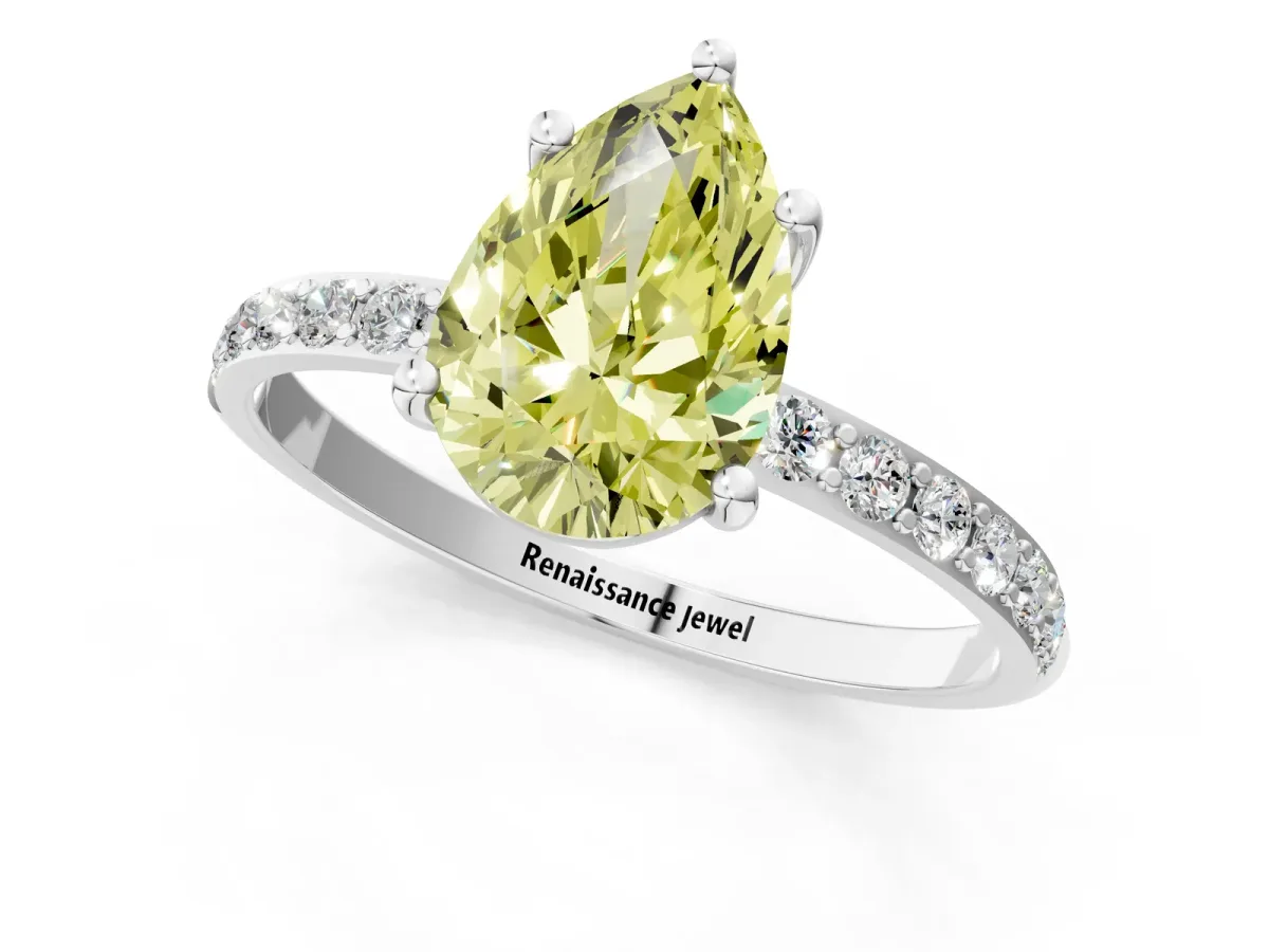 Fancy Yellow Pear Cut Diamond Solitaire Ring with Round Pavé Shoulders and Prong Setting White gold