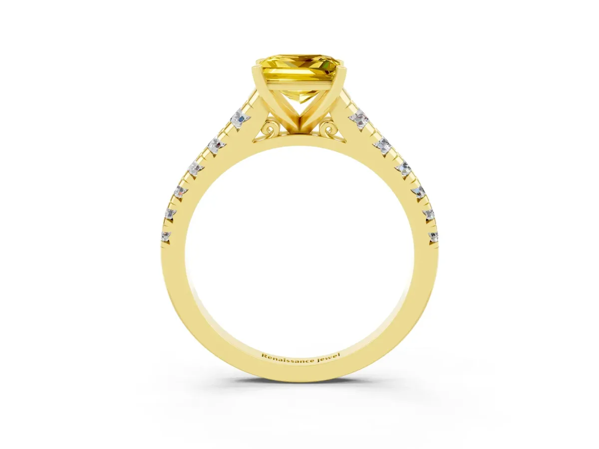 Princess Cut Yellow Sapphire Cathedral Solitaire Ring with Round Pavé Band Yellow gold