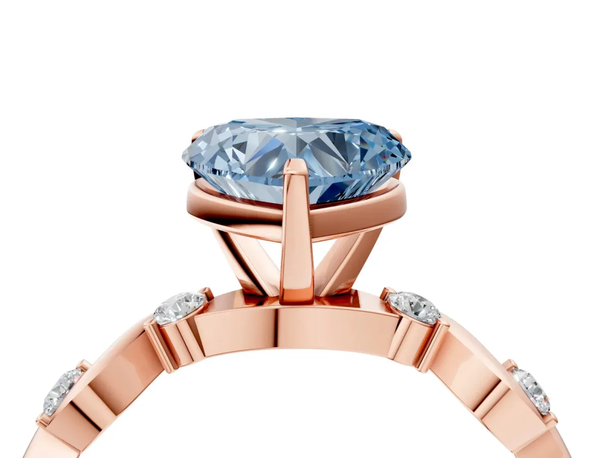 Fancy Blue Heart Cut Diamond Solitaire Twisted Band with Round Accents and Prong Setting Rose gold