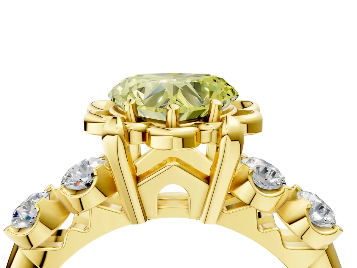 Fancy Yellow Heart Cut Cut Diamond Floral Halo Engagement Ring with Shared Prong Setting Yellow gold