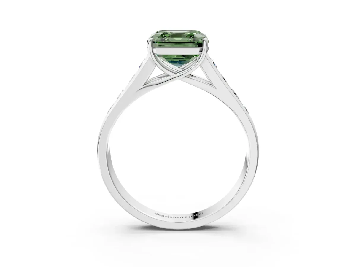 Fancy Green Asscher Cut Solitaire Channel-Set Diamond Engagement Ring with Four-Prong Setting Platinum