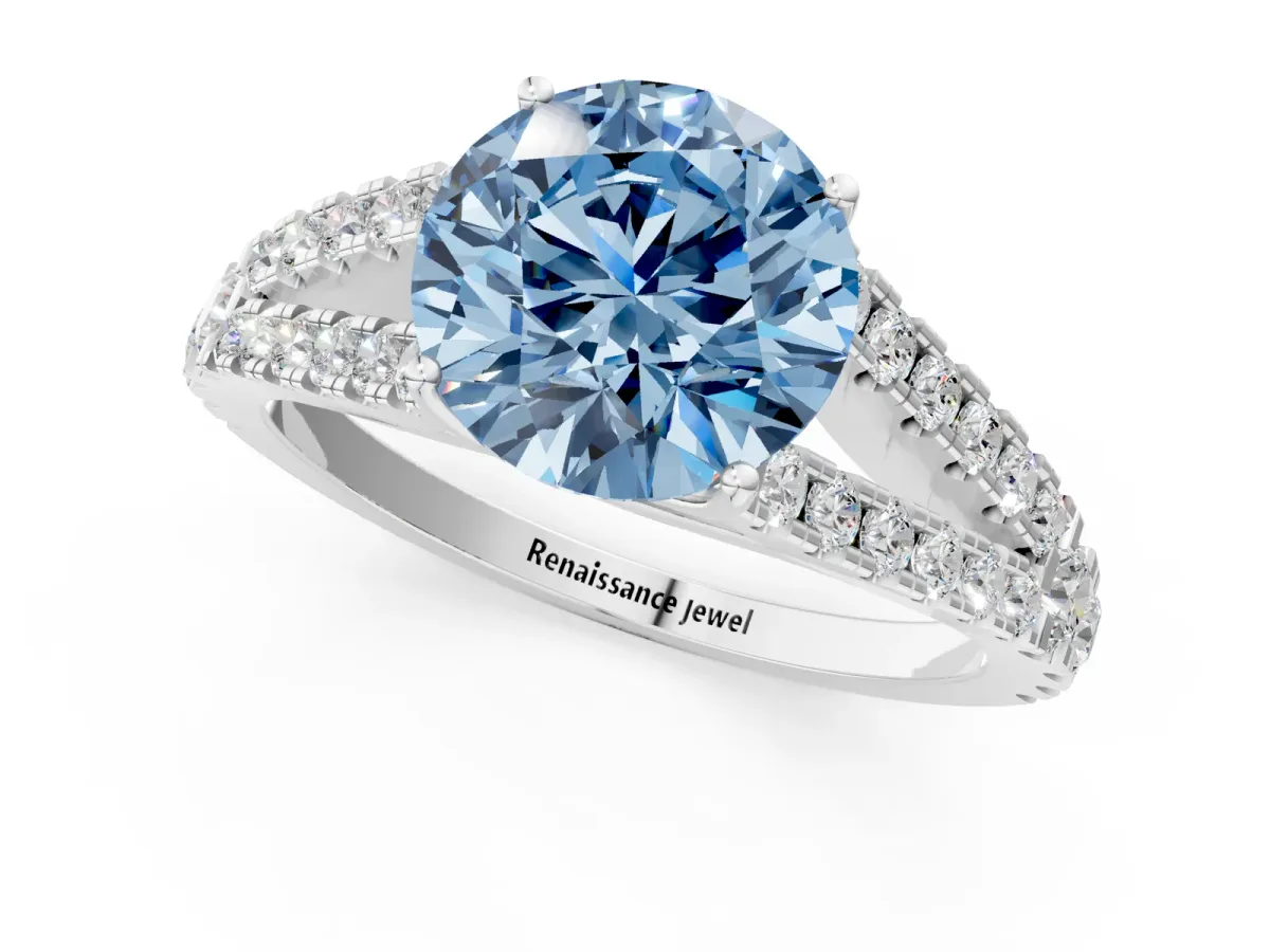 Fancy Blue Round Cut Diamond Split Shank Engagement Ring with Round Pavé and Prong Setting Platinum