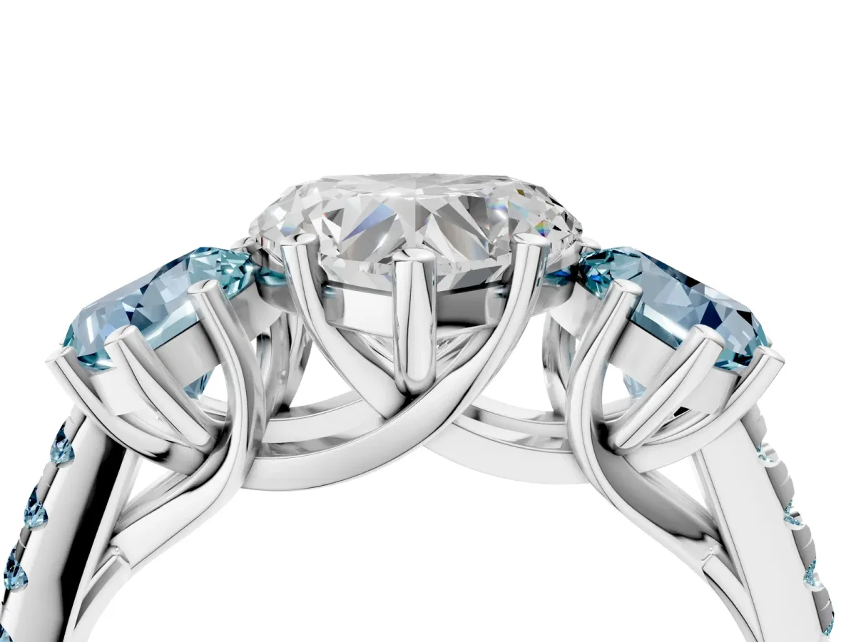 Three-Stone Heart Cut Diamond Ring with Round Aquamarine Pavé Band and Prong Setting White gold