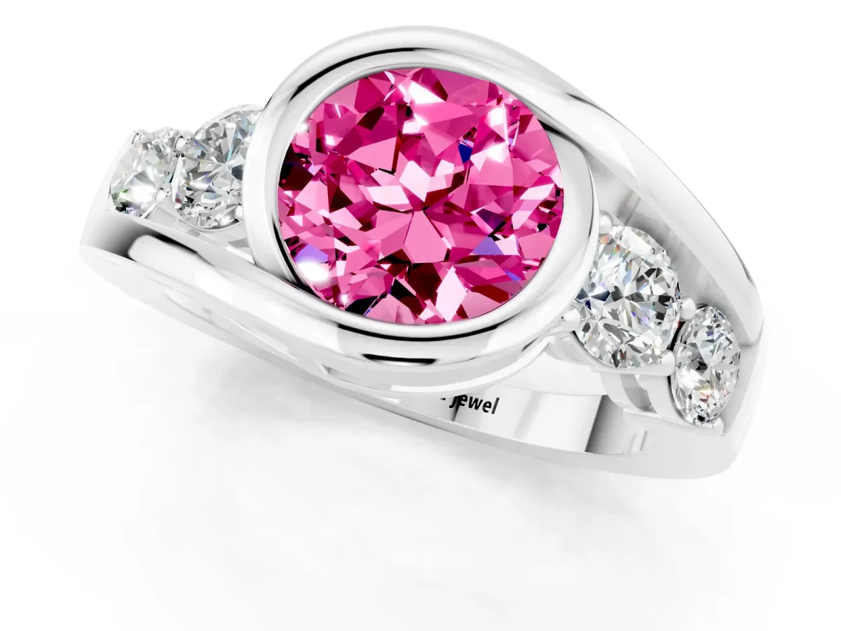 Bezel Set Round Cut Pink Sapphire Bypass Ring with Round Accents Silver
