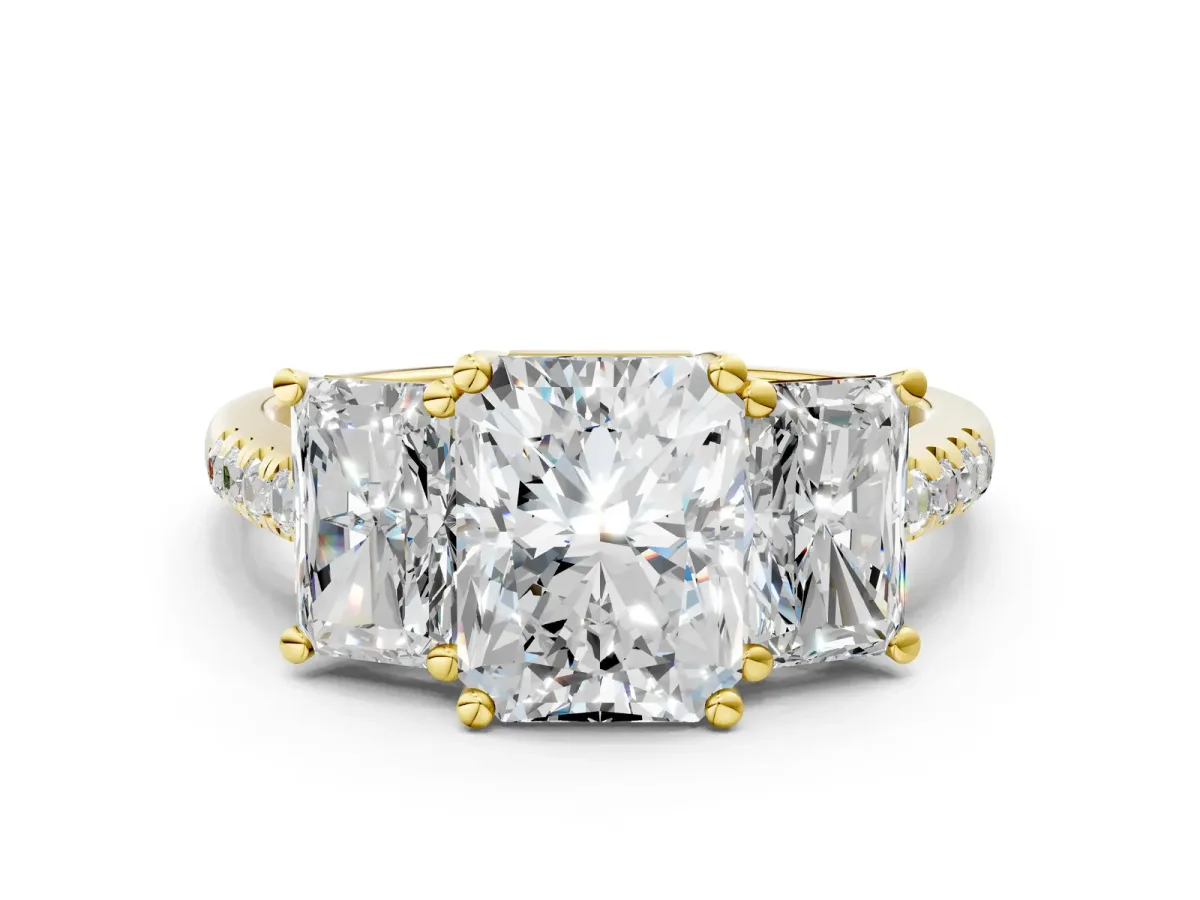 Three-Stone Radiant Cut Diamond Ring with Round Moissanite Pavé Band and Prong Setting Yellow gold